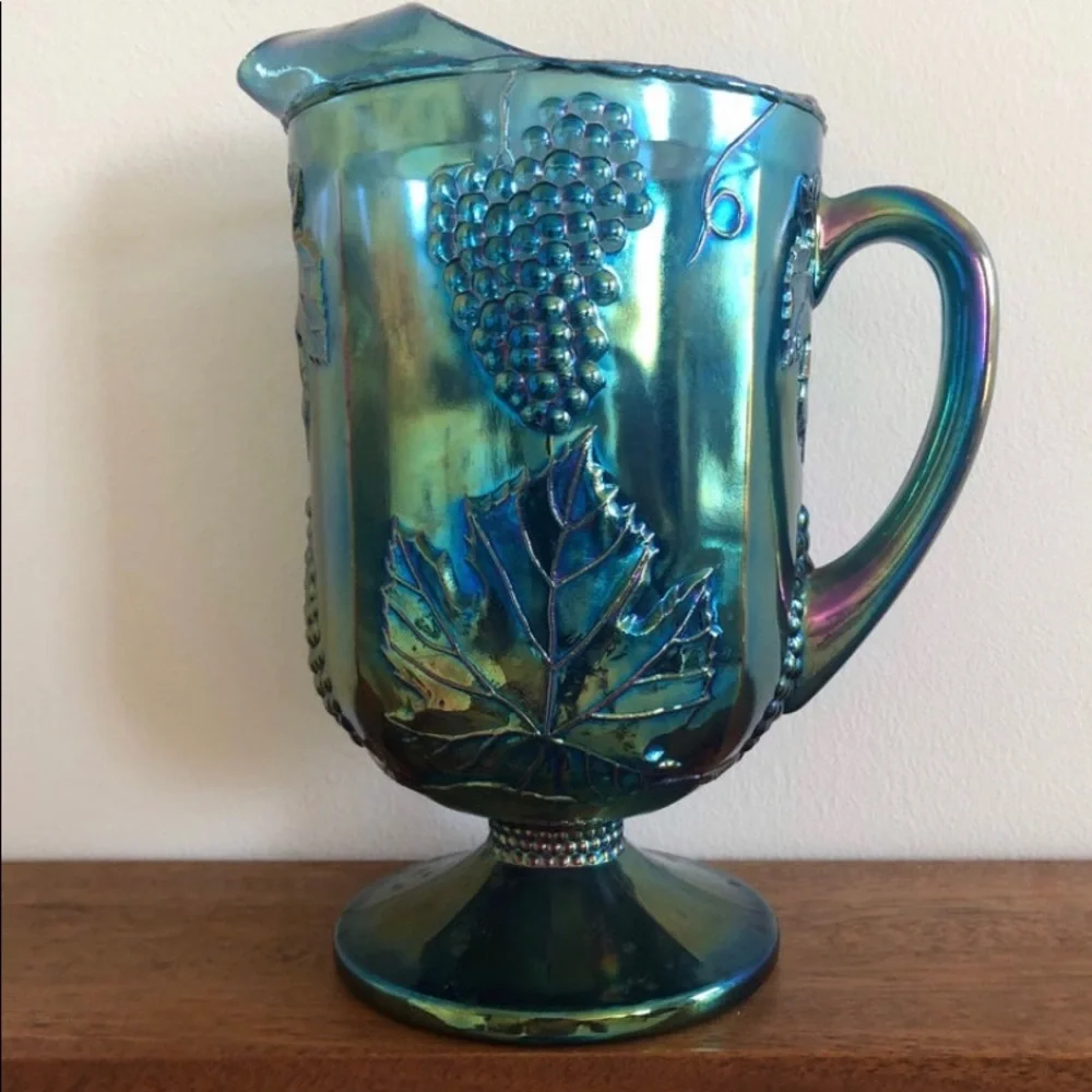 Vintage Carnival Iridescent Blue Glass Pitcher